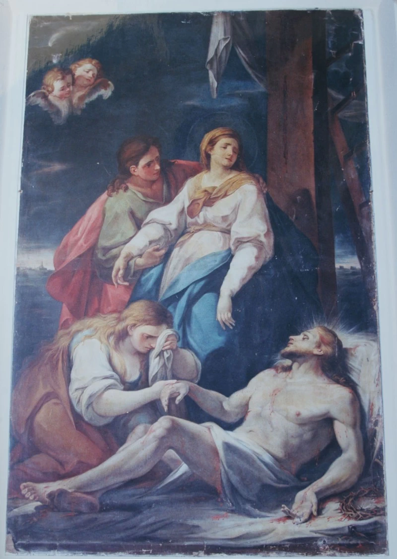 Gesù Cristo morto, Maria Addolorata, Santa Maria Maddalena, San Giovanni evangelista e cherubini